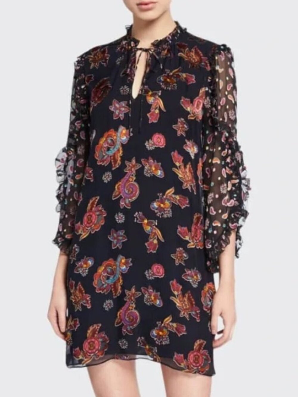 🌟 ALICE + OLIVIA 🌟 JULIUS SILK BURNOUT RUFFLE LONG SLEEVE SHIFT DRESS BLACK S